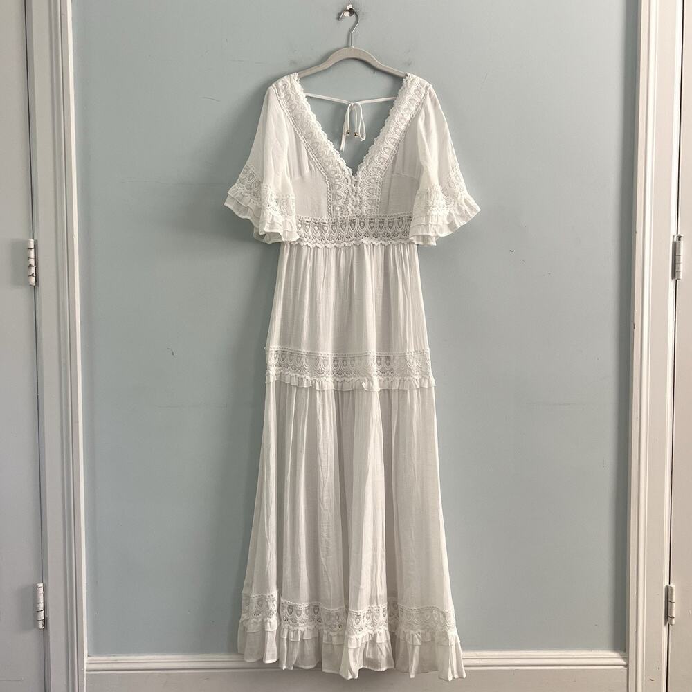NWT BluIvy V Neck Lace Crochet Trim White Maxi Dress - Picture 2 of 6